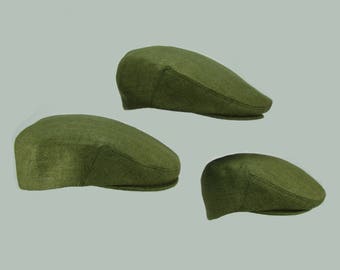 Matching Moss Green Raw Silk Matka Hats - Summer Linen-Cotton Original Print Flat Jeff Cap, Baby, Toddler, Boy, Men