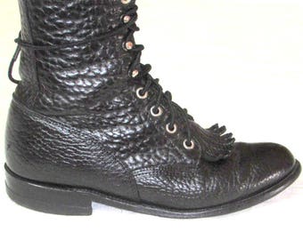 Womens Sz 6.5 B Justin Boots Lace Up Black Leather Combat Boots Fringe Riding Boots