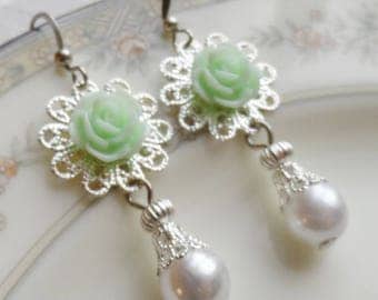 75% Off Price Sale, Mint Green Rose, Silver Filigree, Faux Vintage Pearl Bead