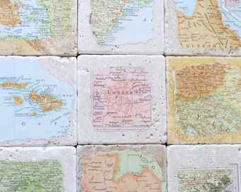 SUMMER SALE Anniversary Gifts for Men, Aunt Jewelry, Brother Gift Personalized Natural Stone Vintage Map Coasters. You Select Four Locations