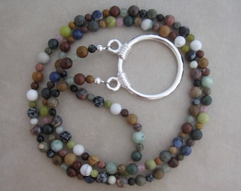 multi gemstone silver eyeglass chain holder loop necklace style
