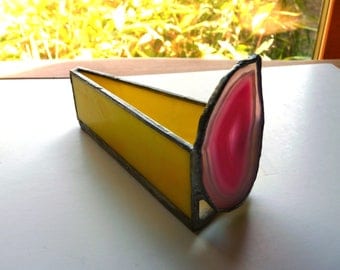 Business Card Holder - Stained Glass Box with Agate - Agate Flame