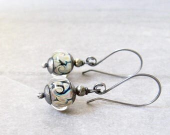 lampwork glass dangle earrings, silver earrings, oxidized jewelry, rustic earrings, boho black dangle earrings