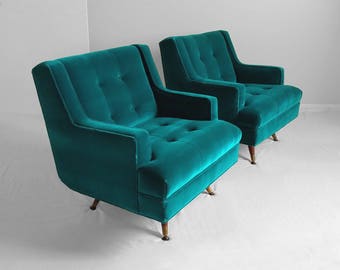 2 mid century MODERN teal velvet tufted SWIVEL chairs