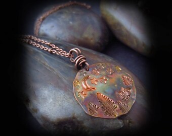 Starry Night Sleeping Fox Necklace - Patina Copper Necklace - Hand Stamped - Hammered Copper - Moon and Stars - Wire Wrapped Copper Necklace