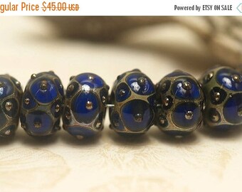 ON SALE 30% off Handmade Glass Lampwork Bead Set - Seven Cobalt w/Metal Dots Rondelle Beads 10410201