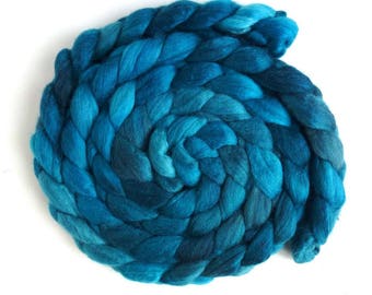 SALE: Irregular Polwarth/Silk Roving - Handpainted Spinning or Felting Fiber, Aqua Dusk