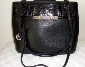Brighton satchel purse bag tote black thick pebbled leather classic woven handles vintage 90s very clean, pristine condition