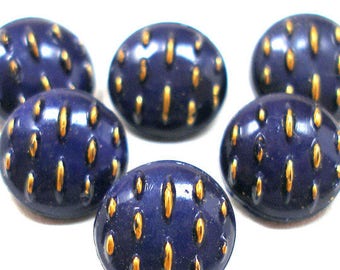 6 Czech Glass Buttons, Blue glass with gold, 7/16".