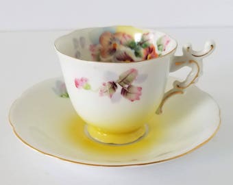 Vintage Demitasse Cup and Saucer Yellow With Pansies