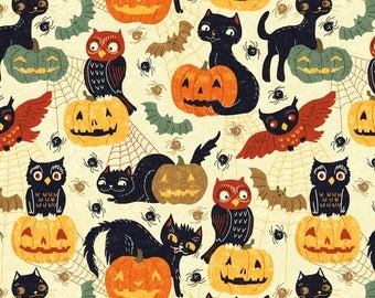 Vintage Halloween Fabric - Halloween Animals By Gaiamarfurt - Retro Rustic Halloween Owls Cats Cotton Fabric By The Yard With Spoonflower