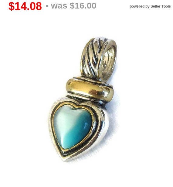 SALE Blue Cats Eye Glass Heart Slide or Pendant with Silver