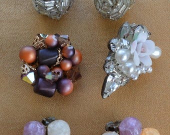 ON SALE Pretty Vintage Beaded Clip Earring Lot, Silver, Multi-Colored, Repurpose, Destash, Upcycle (AF14)