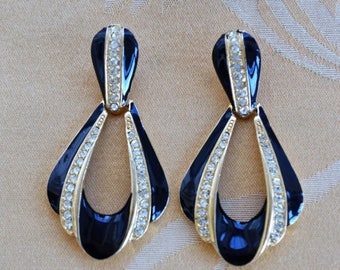 ON SALE Beautiful Vintage Large Black Enamel, Rhinestone Doorknocker Pierced Earrings, Goldtone (K7)