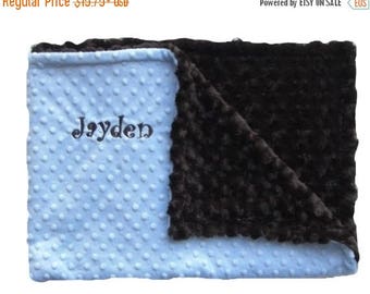 SALE Blue and Brown Minky Baby Blanket Can Be Personalized