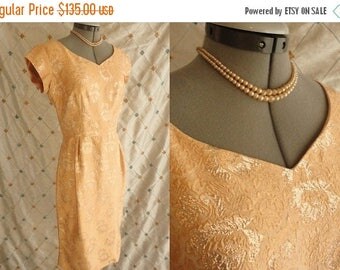 ON SALE 50s Dress // 60s Dress // Vintage 1950s 1960s Cinnamon Peach Metallic Wiggle Dress by Elinor Gay Original Size M 28 waist