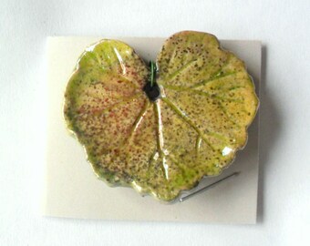 Speckled Copper Green Raku Fired Clay Geranium Leaf Pendant Finding