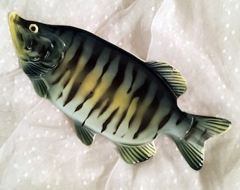 Vintage Fish Plate, Black Green Yellow, Fish Tray, Fish Dish, Ashtray, Man Cave Bar Decor, Trinket Holder, Collectible and Quirky Figurine