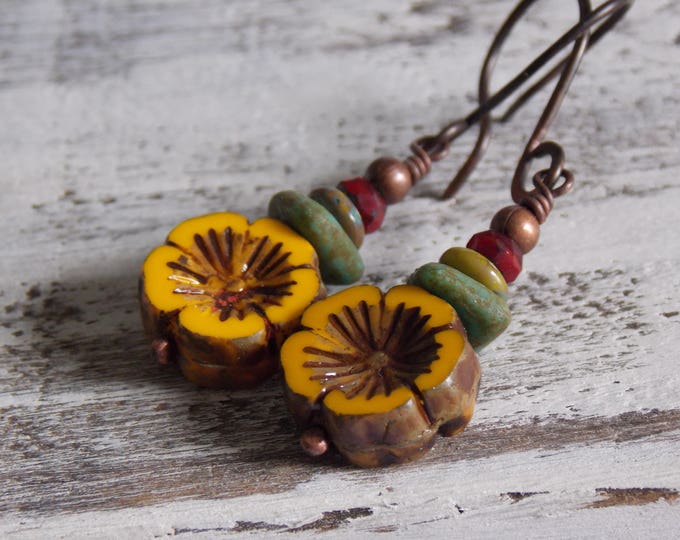 Yellow Flower Boho Earrings Dangle Czech Glass Oxidized Copper Metal Hawaiian Rustic Bohemian Earrings Jewelry Woodland Earrings