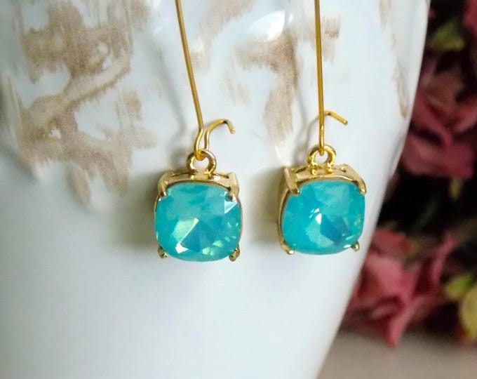Gold Aqua Blue Earrings, Wedding Jewelry, Bridesmaid Gift, Opal Blue Glass Earrings, Gold Jewelry, Anniversary Gift for Her