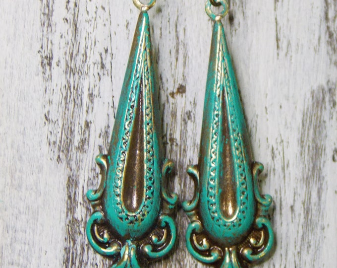 Turquoise Blue Patina Verdigris Brass Victorian Drop Earrings Vintage Style Dangle Earrings Art Nouveau Filigree Earrings