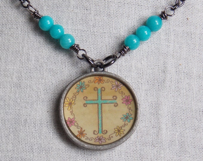 Cross Necklace Turquoise Jade Gemstone Cross Gunmetal Black Chain Charm Dainty Spiritual Simple Minimalist Christian Necklace