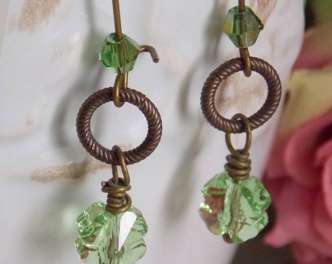 Shamrock Earrings Swarovski Clover Crystal Earrings Lucky Jewelry Irish St Patricks Day Green Shamrock Boho Long Dangle Brass Earrings
