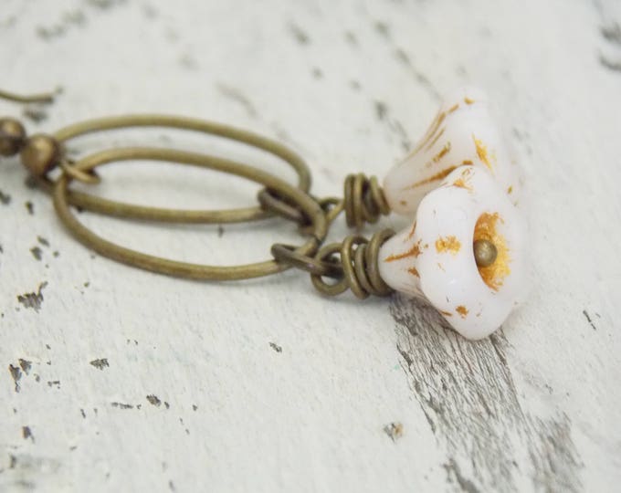 Flower Earrings Ivory Czech Bells Boho Chic Antique Brass Rustic Woodland Dainty Long Light Earthy Earrings Gift Rustic Jewelry Flower Earrings Ivory Czech Bells Boho Chic Antique Brass Rustic Woodland Dainty Long Light Earthy Earrings Gift Rustic Jewelry