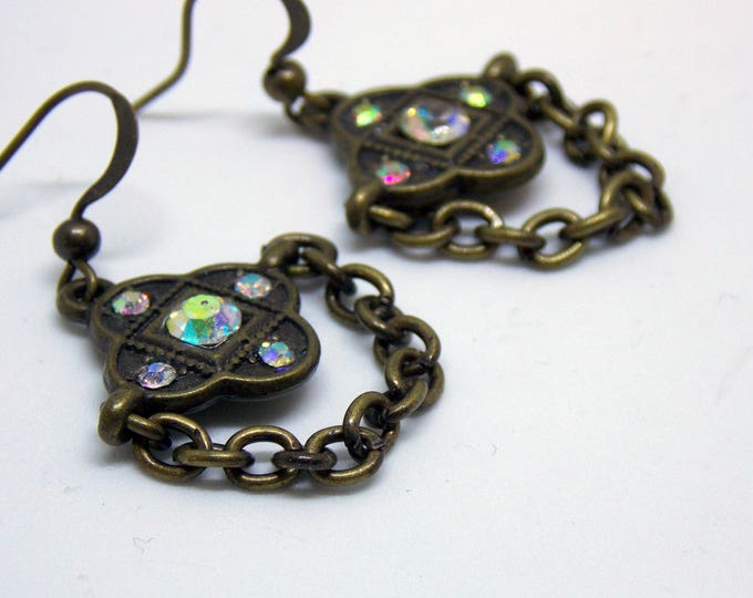 Brass Chain Chandelier Earrings Rhinestone Victorian Style Dangle Chain Medallion Cleopatra Earrings