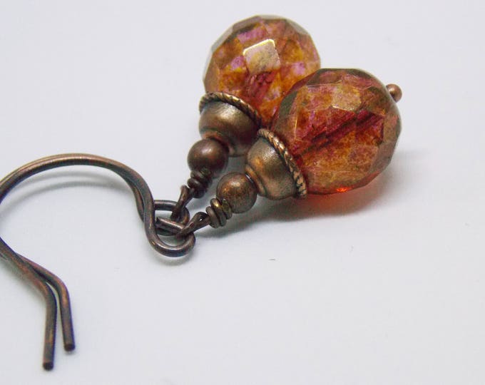 Copper Earrings Czech Glass Burgundy Earrings Dangle Drop Earrings Boho Rustic Woodland Earrings Picasso Earrings Gift