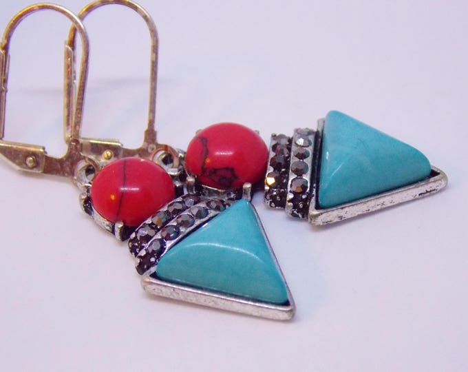 Turquoise Stone Earrings, Triangle Earrings, Red and Turquoise Southwestern Earrings, Geometric Earrings, Tribal Earrings