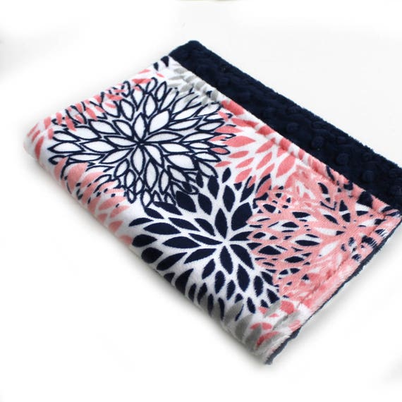 Personalized Girl Baby Blanket - Minky Baby Blanket, Coral Gray Navy Flowers Blanket // Mini Baby Blanket // Security Blanket // Girl Lovey