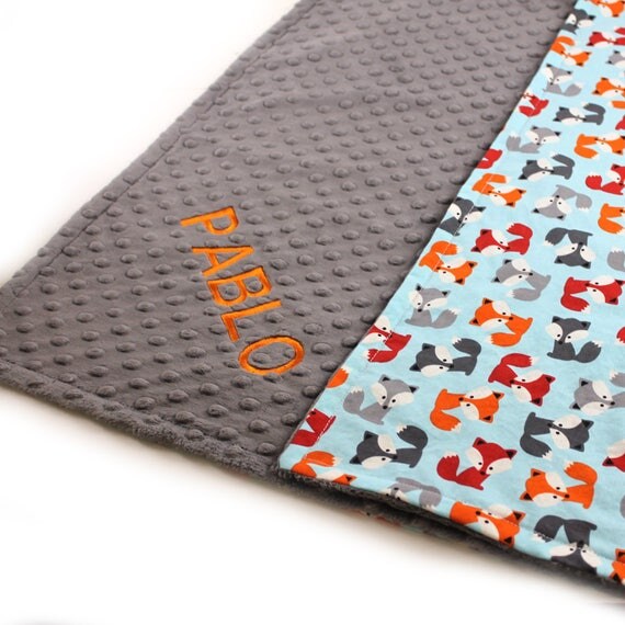 Personalized Baby Blanket - Fox Minky Baby Blanket Blue Gray Cotton Blanket // Fox Baby Blanket // Name Baby Blanket // Baby Shower Gift