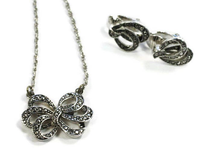 Faux Marcasite Bow Necklace and Earrings Set Avon Vintage