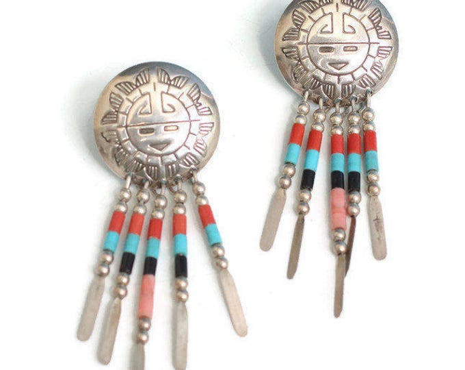 Southwestern Dangle Earrings Sterling Hopi Sun Face Style Turquoise Beads Signed QT Vintage