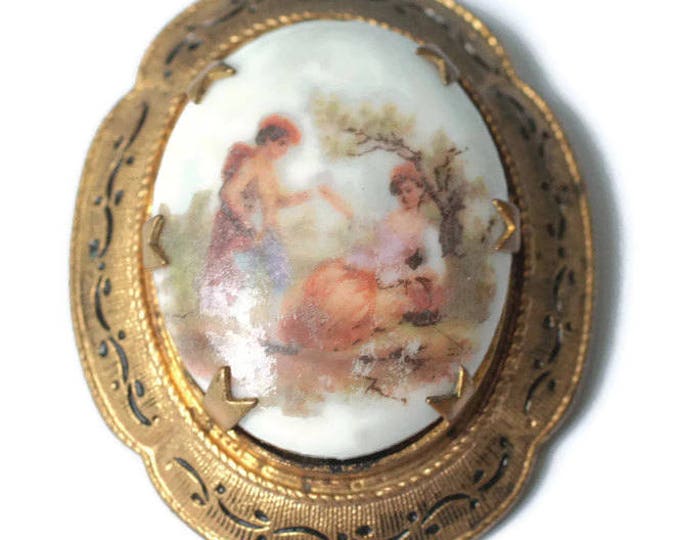 Romantic Courting Couple Porcelain Brooch Cameo Lovers Enameled Frame Vintage