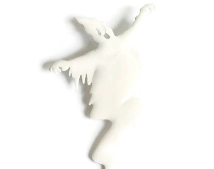 White Enameled Ghost Pin Brooch Signed JJ Halloween