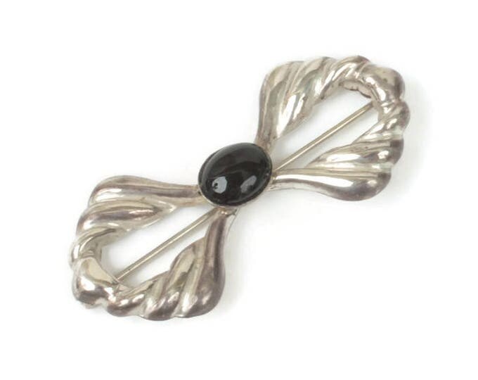 Sterling Silver and Onyx Bow Pin Brooch Open Repousse Design Vintage