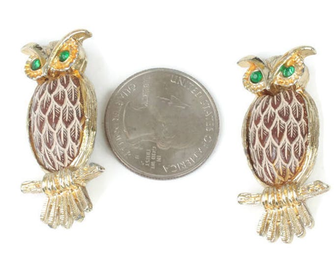 Pair of Owl Pins Brown Simulated Feathered Chest Green Rhinestone Eyes Smaller Size