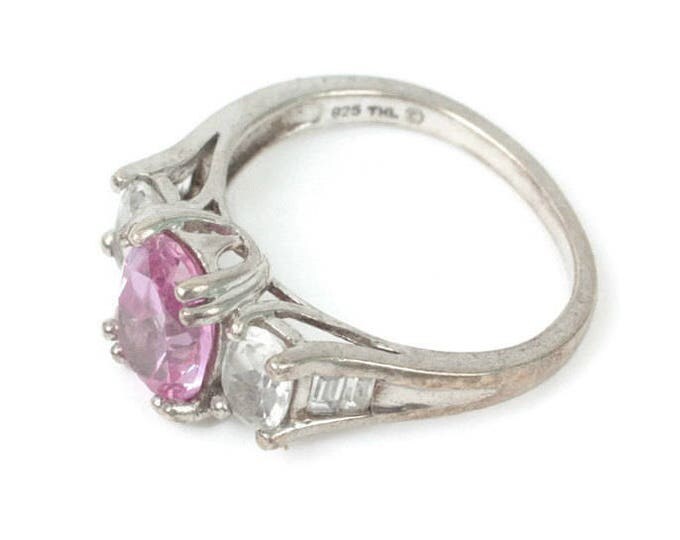 CZ Pink and Clear Stone Ring Gemstone Sterling Dinner Ring Vintage Approximately Size 7