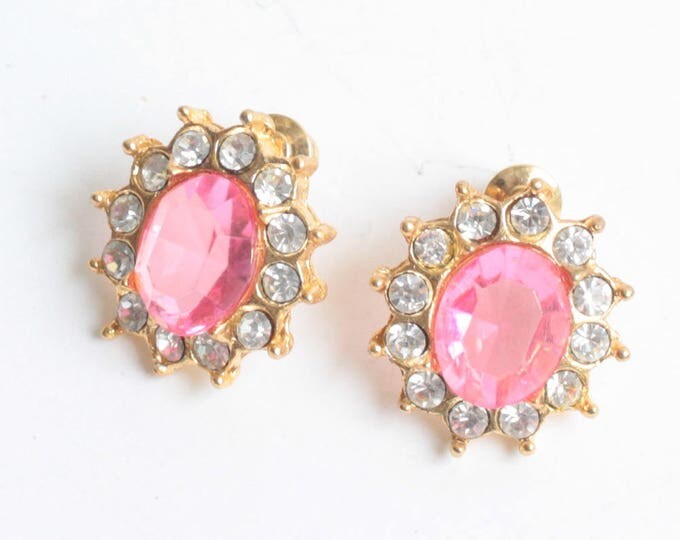 Eisenberg Pink and Clear Rhinestone Earrings Pierced Original Card Faceted Oval Designer