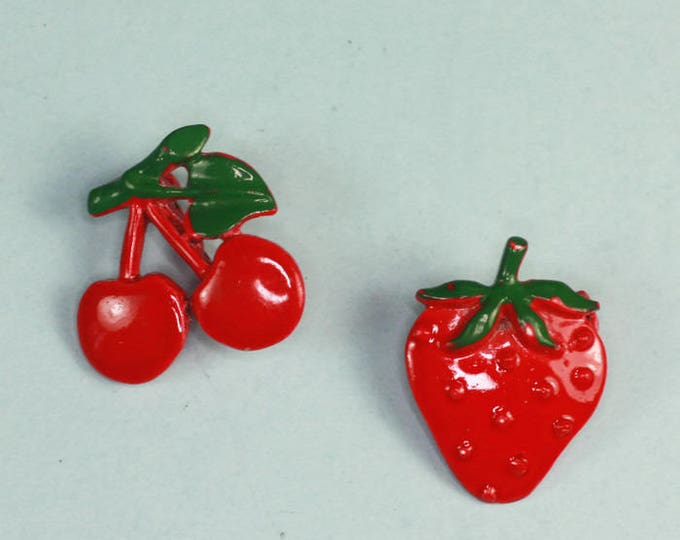 Enameled Red Cherry and Strawberry Scatter Pins Vintage