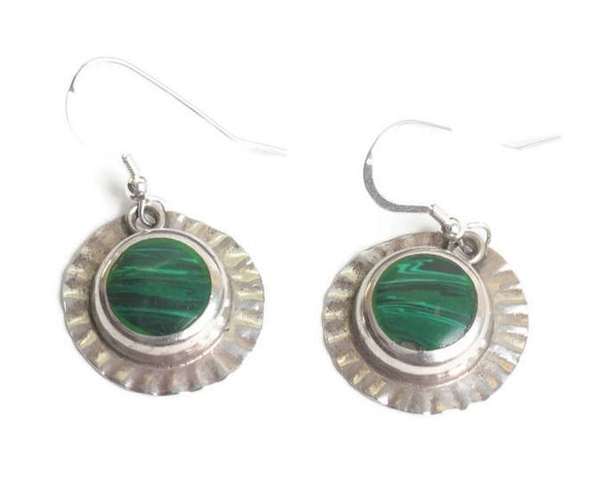 Malachite and Sterling Dangle Earrings Mexico Circular Shape Ear Wires Vintage