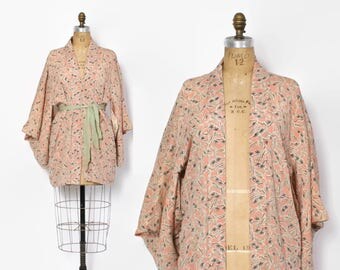 Vintage 60s Silk KIMONO Jacket / 1960s Pastel Pink Boho Haori Duster