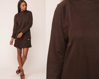 Mod Mini Dress 60s Shift Funnel Neck Micro 70s POCKET Space Age Brown Plain Polyester Vintage Long Sleeve High Neck Large