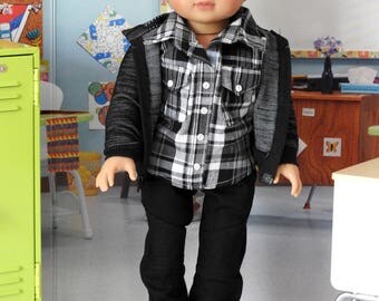 18 Inch Boy Doll Black Moto Pants, Plaid Shirt, Hoodie fits AG Boy Doll