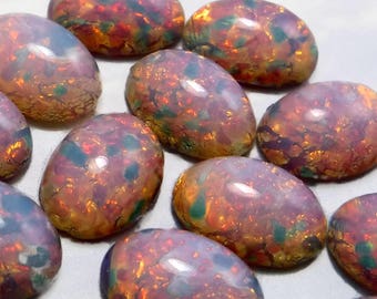 Pink fire Opal Cabochon Vintage Glass Stones 6 pcs 14x10mm S-16 P
