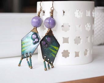 Large Tribal Purple Earrings, Artisan Enamel Earrings, Funky Chandelier Earrings, Modern Earrings, Geometric Earrings, Trapezoid Earrings