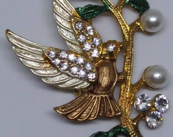 Vintage 60s Bird Brooch Pin Faux Pearls and Rhinestones