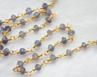3 Feet Faceted Iolite stones hand wire wrapped with 18k Gold Vermeil Chain
